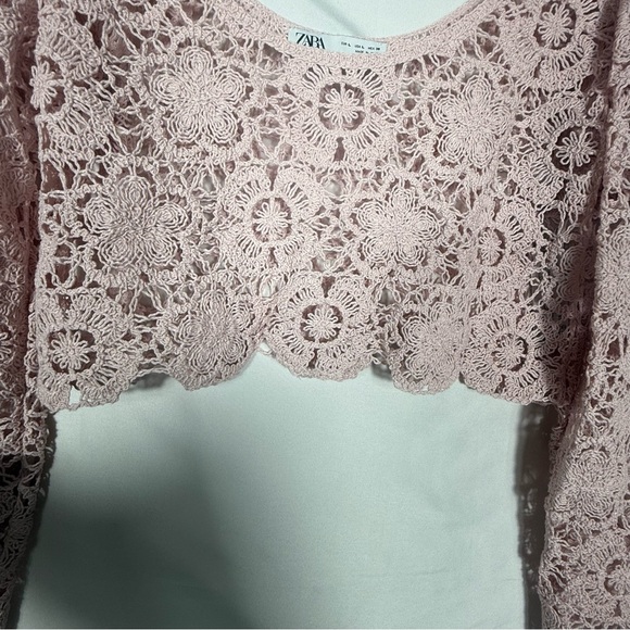 Zara Blush Pink Crochet Lace-Look Long Sleeve Crop Top, Size Large, NWOT. Boho - Picture 9 of 15